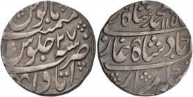 INDIA, Mughal Empire. Muhammad Shah, 1719-1720 and 1720-1748. Rupee (Silver, 25 mm, 11.40 g, 10 h), Itawah, AH 1157 = AD 1744 / RY 27. KM-436.29. Beau...
