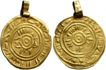 ITALY. Sicilia (?). Anonymous, circa 11 century. Tarì (Gold, 15 mm, 0.86 g), an interesting local imitation of a Fatimid tarì. Pseudo-Kufic legend in ...