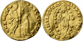 ITALY. Venezia (Venice). Pasqual Cicogna, 1585-1595. Zecchino (Gold, 20 mm, 3.47 g, 1 h). PASC•CICON - •S•M•VENET St. Mark standing right, holding boo...