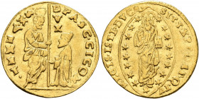 ITALY. Venezia (Venice). Pasqual Cicogna, 1585-1595. Zecchino (Gold, 20 mm, 3.45 g, 4 h). PASC•CICON - •S•M•VENETI St. Mark standing right, holding bo...