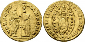 ITALY. Venezia (Venice). Marino Grimani, 1595-1606. Zecchino (Gold, 20 mm, 3.48 g, 9 h). MARIN GRIM - •S•M•VENET St. Mark standing right, holding book...