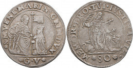 ITALY. Venezia (Venice). Marino Grimani, 1595-1606. Mezza Giustina Maggiore da 80 Soldi (Silver, 37 mm, 17.95 g, 7 h). S•M VENE•MARIN:GRIM•DVX - G•V S...