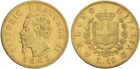 ITALY. Regno d'Italia. Vittorio Emanuele II, 1861-1878. 10 Lire (Gold, 19 mm, 3.18 g, 6 h), Friedberg 16. Pagani 476, 1863. VITTORIO EMANUELE II - 186...