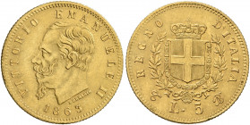 ITALY. Regno d'Italia. Vittorio Emanuele II, 1861-1878. 5 Lire (Gold, 17 mm, 1.60 g, 6 h), Torino, 1863. VITTORIO EMANUELE II - 1863 Head of Vittorio ...