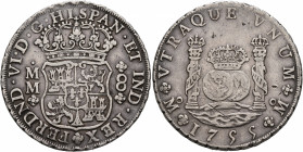 MEXICO, Colonial. Ferdinand VI, king of Spain, 1746-1759. 8 Reales (Silver, 39 mm, 26.80 g, 12 h), Mexico. Manuel de León and Manuel Assorín, assayers...