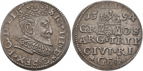 POLAND, Monarchs. Zygmunt III Wasa, 1587-1632. 3 Grosze (Silver, 22 mm, 2.36 g, 2 h), Riga, 1594. SIGxIIIxDxREXxPOxDxLI Crowned bust of Zygmunt III to...