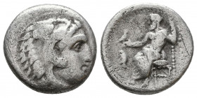 In the name of Alexander III ‘The Great’. AR . Uncertain mint, circa 325-310 BC. Head of Herakles right, wearing lion skin headdress / Zeus Aëtophoros...