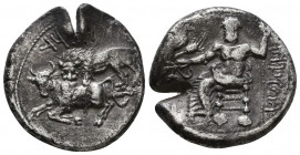 CILICIA. Tarsos.
MAZAIOS, SATRAP OF CILICIA, 361-334 B.C. AR Stater.
Obv: Baal of Tarsos enthroned left, holding eagle, corn-ear, grapes and scepter. ...