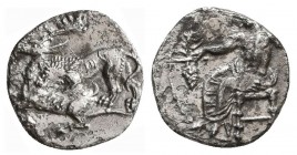 CILICIA. Tarsos.
MAZAIOS, SATRAP OF CILICIA, 361-334 B.C. AR Obol.
Obv: Baal of Tarsos enthroned left, holding eagle, corn-ear, grapes and scepter. ...