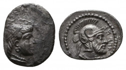 Datames AR Obol, 378-372 BC
Persian Satraps . Datames (378-372 BC). AR Obol .
Obv. Head of Aphrodite (?) right.
Rev. Helmeted head of Ares (?) right; ...