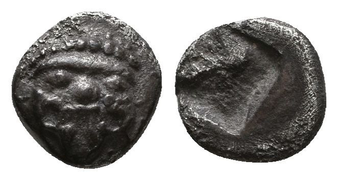 MACEDON, Neapolis. Circa 500-480 BC. AR Obol . Gorgoneion with protruding tongue...