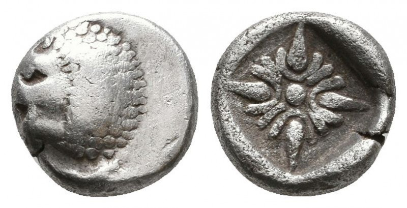 IONIA, Miletos. ca. 480-450 BC. AR Obol (1.16 gm). Forepart of lion / Incuse pun...