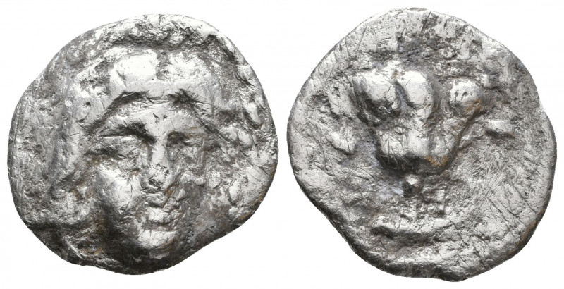 Rhodes , Island off Caria. AR Hemidrachm, c. 125-88 BC.
Obv. Radiate head of Hel...