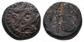 KINGS OF MACEDON. Alexander III 'the Great' (336-323 BC). Ae. Miletos or Mylasa.
Obv: Macedonian shield.
Rev: K.
Bow in quiver, club and grain ear.

C...
