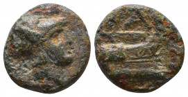 Kingdom of Macedon. Demetrios I Poliorketes. AE 11. 306-283 BC. (Newell-Demetrius 40). . Anv.: Helmeted head of Athena right. Rev.: Prow right, (aphla...