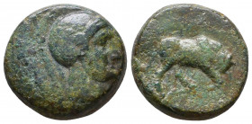 Greek Coins
PHRYGIA. Kibyra(?). Ae (2nd-1st centuries BC).
Obv: Helmeted and draped male bust right.
Rev: KIBYP.
Bull butting right; M above.

Conditi...
