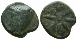 PONTOS. Uncertain (Amisos?). Time of Mithradates VI (Circa 130-100 BC). Ae.
Obv: Male head left, wearing Phrygian cap; countermarks: thunderbolt, helm...