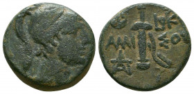 Pontos. Amisos. AE 20. 85-65 BC. Struck under Mithradates VI. Anv.: Head of Ares right. Rev.: AMIΣOY, sword in sheath; star with crescent to upper lef...