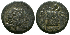 PONTOS. Amisos. Ae (85-65 BC). Mithridatic War issue.
Obv: Head of Zeus right.
Rev: AMIΣOY.
Thrysos leaning against cista mystica draped with panther ...