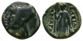 Kings of Cappadocia. Ariarathes III or Ariarathes IV Eusebes Æ Unit. Circa 230-163 BC. Head left, wearing bashlyk / Athena standing left, holding spea...