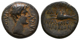 LYDIA, Philadelphia. Gaius (Caligula). 37-41 AD. Æ . Kleandros Philokaisar, magistrate. Bare head right / Capricorn left with cornucopiae; monogram be...