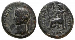 Phrygia. Akmoneia. Nero AD 54-68. Struck under the archon Lucius Servenius Capito, with his wife Iulia Severa Hemiassarion Ae NEPON KAICAP CEBAΣTOΣ
, ...