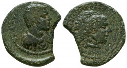CILICIA, Aegeae. Diadumenian, as Caesar. 217-218 AD. Æ . Dated year 264 (217/8 AD). Bare-headed, draped, and cuirassed bust right / Head of Alexander ...