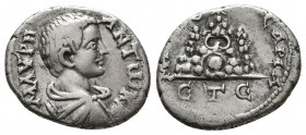 Caracalla (Caesar, 196-198). Cappadocia, Caesarea-Eusebia. AR, year 5 of Septimius Severus (196/7). Bareheaded, draped and cuirassed bust r. R/ Mt. Ar...