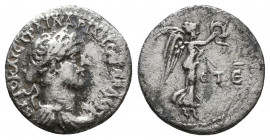 Hadrian (117-138). Cappadocia, Caesarea-Eusebia. AR Hemidrachm, year 4 (120/1). Laureate, draped and cuirassed bust r. R/ Victory advancing r., holdin...