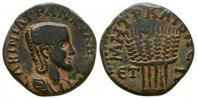 Tranquillina Æ23 of Caesarea, Cappadocia. Dated Year 7 = AD 244. CAB TRANKVΛΛINA AVG, diademed and draped bust right / MHTP KAI B NE, six grain ears b...