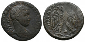 Caracalla AR Tetradrachm of Antioch, Syria. 214/5. Laureate head r. / Eagle standing facing, head and tail l., with wings displayed, holding wreath in...