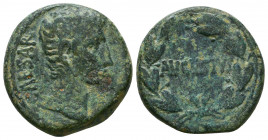 Augustus, 27 BC-14 AD. Asian AE . - As, Ephesus mint(?), c. 25 BC. Bare head of Augustus right / Laurel wreath, AVGVSTVS within.
Reference:RPC 2235; R...