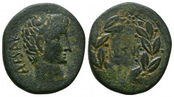 Augustus, 27 BC-14 AD. Asian AE . - As, Ephesus mint(?), c. 25 BC. Bare head of Augustus right / Laurel wreath, AVGVSTVS within.
Reference:RPC 2235; R...