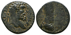 MESOPOTAMIA, Edessa. Septimius Severus, with Abgar VIII. AD 193-211. Æ . Laureate head of Septimius right / Diademed and draped bust of Abgar, wearing...