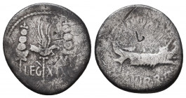 Marcus Antonius. Denarius, mint moving with M. Antonius 32-31, AR . Galley r., with sceptre tied with fillet on prow. Rev. LEG – XVI Aquila between tw...