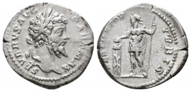 Septimius Severus. AD 193-211. AR Denarius. Rome mint. Struck AD 200-201. Laureate head right / Emperor standing left, sacrificing from patera over tr...