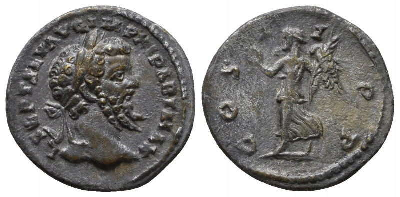 Septimius Severus AR Denarius. Emesa, AD 194-195. Laureate head right / Victory ...