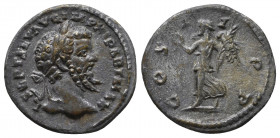 Septimius Severus AR Denarius. Emesa, AD 194-195. Laureate head right / Victory advancing left, holding wreath and palm branch.
Reference: RIC IV 425;...