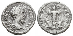 Septimius Severus AD 193-211. Struck AD 201. Rome Denarius AR . SEVERVS PIVS AVG, laureate bust right / PART MAX P M TR P VIIII, trophy between two ca...