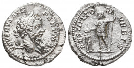 Septimius Severus. AD 193-211. AR Denarius. Rome mint. Struck AD 201. Laureate head right / Septimius Severus standing left, sacrificing from patera o...