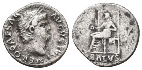 Nero. A.D. 54-68. AR denarius. Rome, A.D. 65/6. NERO CAESAR AVGVSTVS, radiate head of Nero right / SALVS in exergue, Salus seated left, holding patera...
