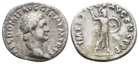 Domitian AR Denarius. Rome, 81-82. IMP CAES DOMITIANVS AVG P M, laureate head right / TR POT COS VIII P P, Minerva advancing right with spear and shie...