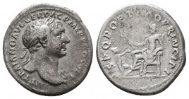 TRAJAN. 98-117 AD. AR Denarius. Struck circa 106-111 AD. Laureate, draped, and cuirassed bust right / Pax seated left, holding branch and sceptre; Dac...