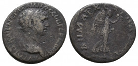 TRAJAN. 98-117 AD. AR Denarius . Struck 101-102 AD. Laureate head right, slight drapery on left shoulder / Victory walking right, holding wreath and p...