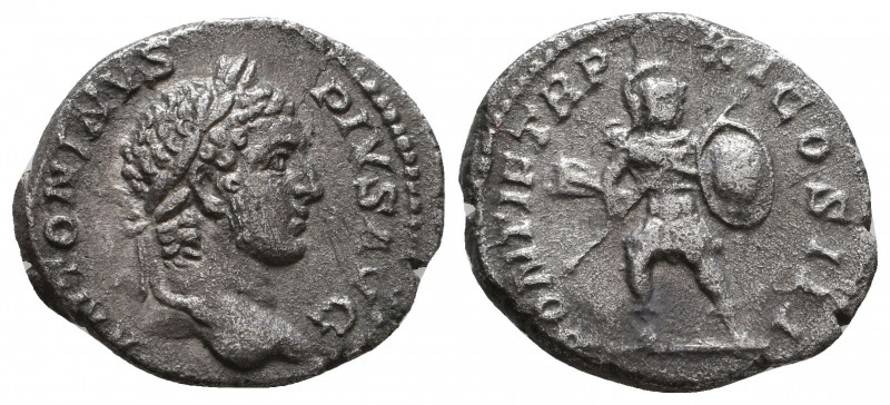 Caracalla (198-217). AR Denarius . Rome, 208. Laureate head r. R/ Mars advancing...
