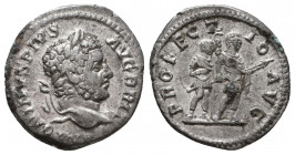 Caracalla. AD 198-217. AR Denarius. Rome mint. Struck AD 212-213. Laureate head right / Caracalla standing slightly right, holding spear in both hands...