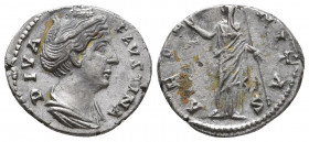 Diva Faustina I AR Denarius. Struck under Antoninus Pius, Rome, AD 141. DIVA FAVSTINA, draped bust left / AETERNITAS, Juno standing left, raising righ...