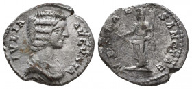 JULIA DOMNA, wife of Septimius Severus. Augusta, 193-217 AD. AR Denarius. Laodicea mint. Struck 198-202 AD. Draped bust right / Vesta standing left, h...