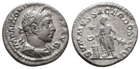 ELAGABALUS, A.D. 218-222. AR Denarius, Rome Mint.
RIC-146. Laureate (with horn) and draped bust of Elagabalus facing right; Reverse: Elagabalus standi...