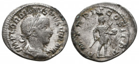Gordian III AR Denarius. Rome, AD 241-243. IMP GORDIANVS PIVS FEL AVG, radiate, draped and cuirassed bust of Gordian III to right / P M TR P V COS II ...
